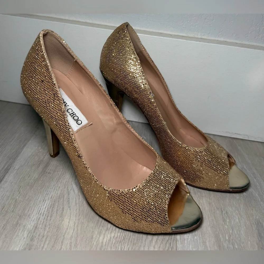 Jimmy Choo Gold Glitter Peep Toe Pumps Women’s EU 38 US 7.5 Stiletto Heels